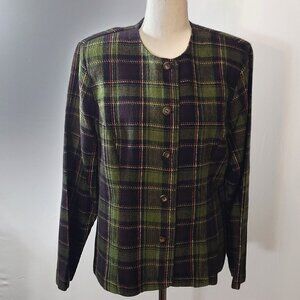 Sag Harbor Womens Plaid Button-Front Blazer Size 12 Green & Black Acrylic Jacket